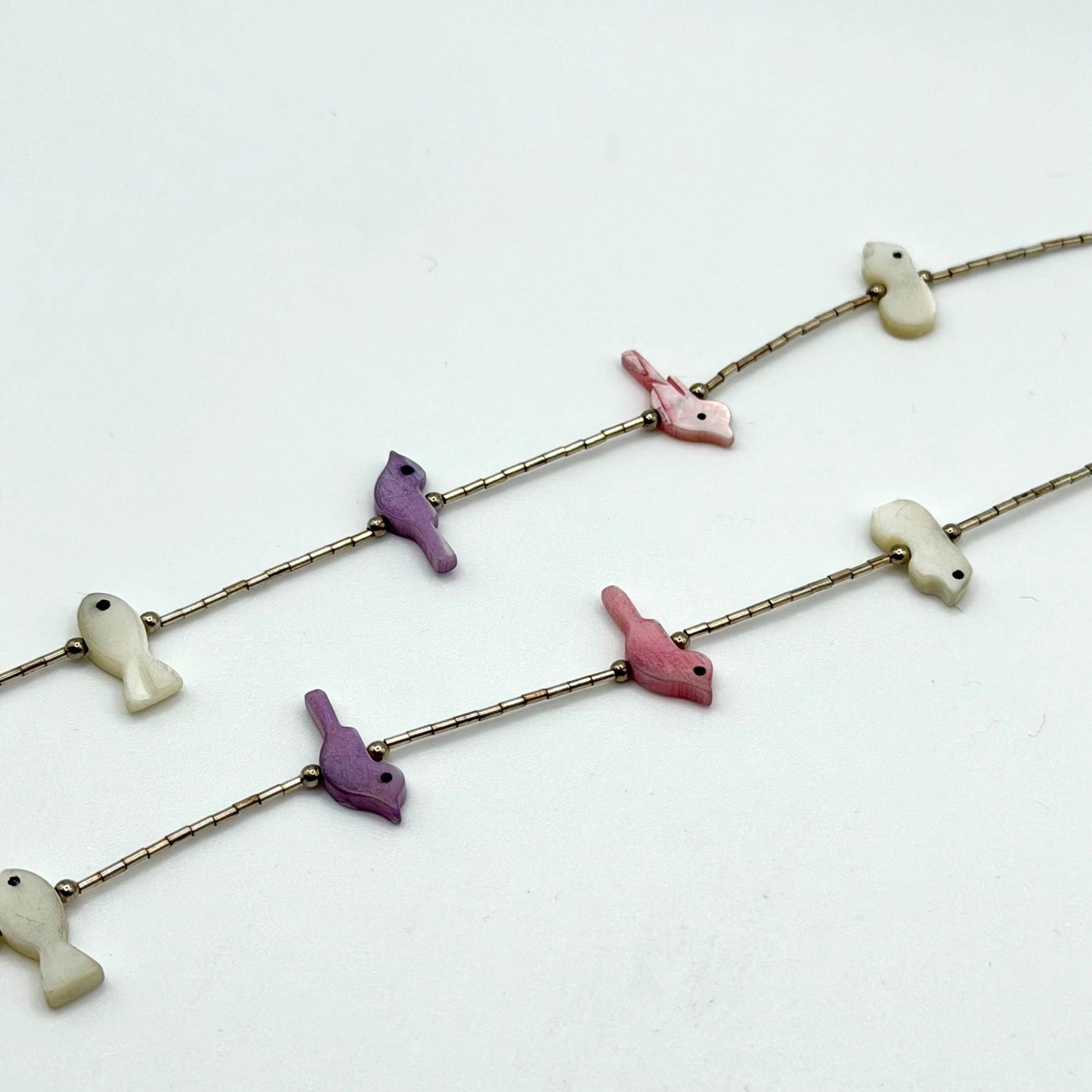 Carolyn Pollack Sterling Liquid Silver Strand Necklace W/ Mother Of Pearl Bird & Fish Fetish Design