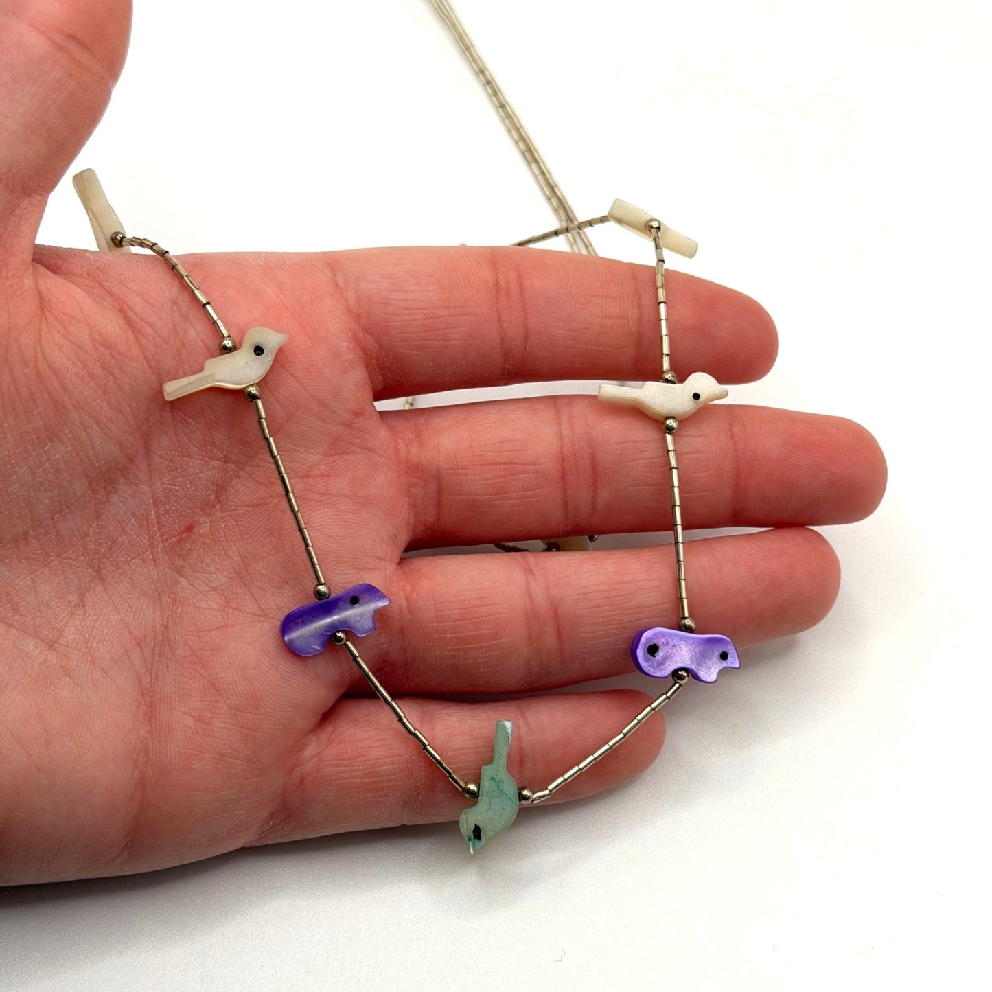Carolyn Pollack Sterling Liquid Silver Strand Necklace W/ Mother Of Pearl Bird & Fish Fetish Design