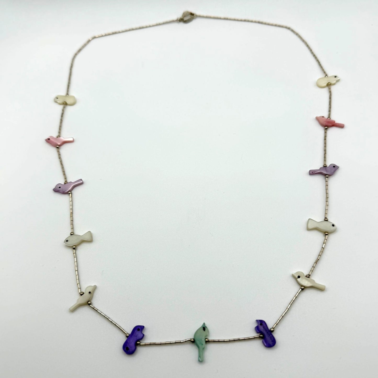 Carolyn Pollack Sterling Liquid Silver Strand Necklace W/ Mother Of Pearl Bird & Fish Fetish Design