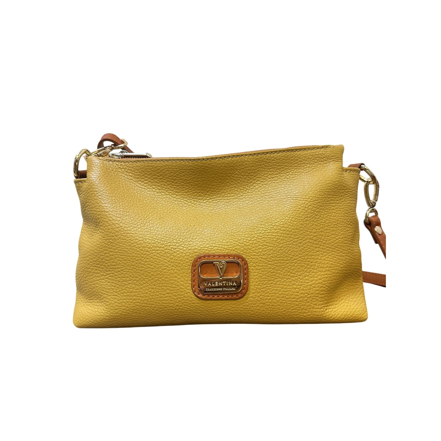 Valentina Yellow Pebbled Leather Crossbody Bag w/ Adjustable Brown Strap