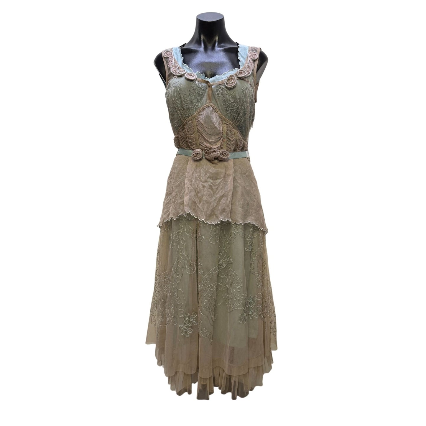 Nataya Beige & Blue 2-Piece Dress Embroidered Overlay Size S