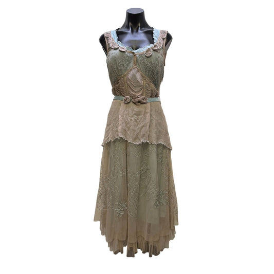 Nataya Beige & Blue 2-Piece Dress Embroidered Overlay Size S