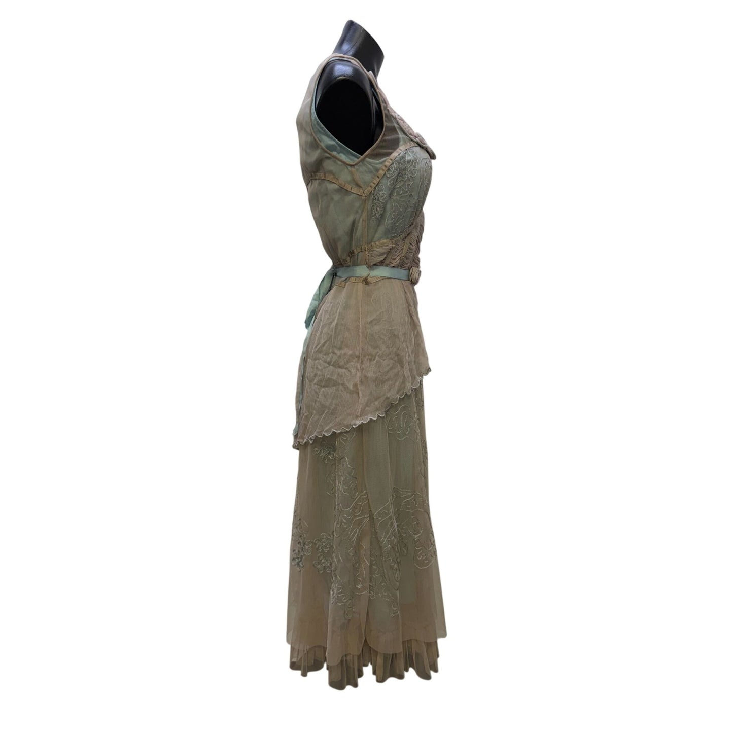 Nataya Beige & Blue 2-Piece Dress Embroidered Overlay Size S