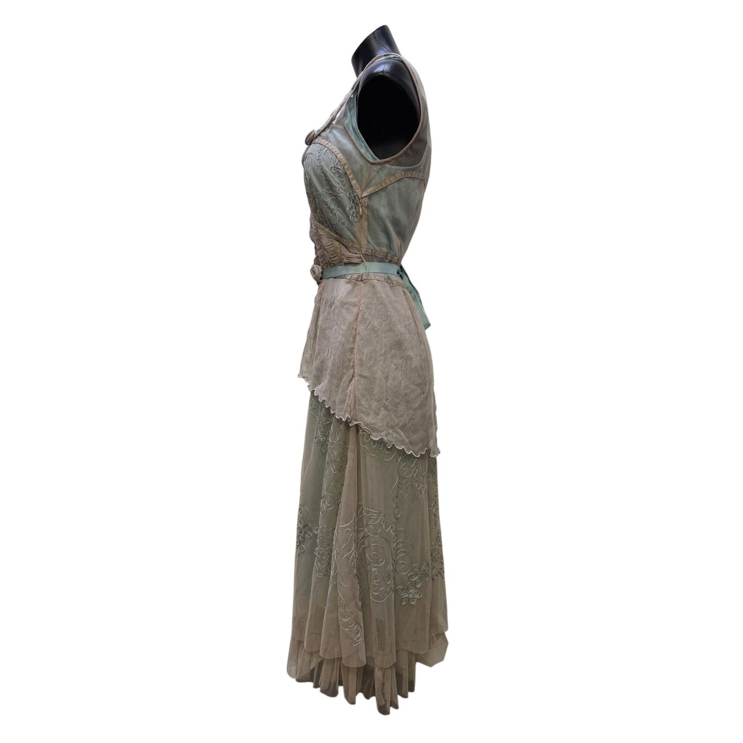 Nataya Beige & Blue 2-Piece Dress Embroidered Overlay Size S