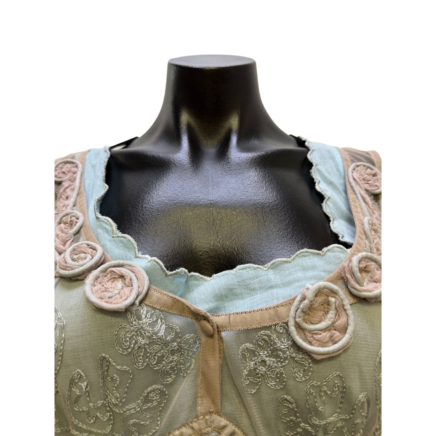 Nataya Beige & Blue 2-Piece Dress Embroidered Overlay Size S