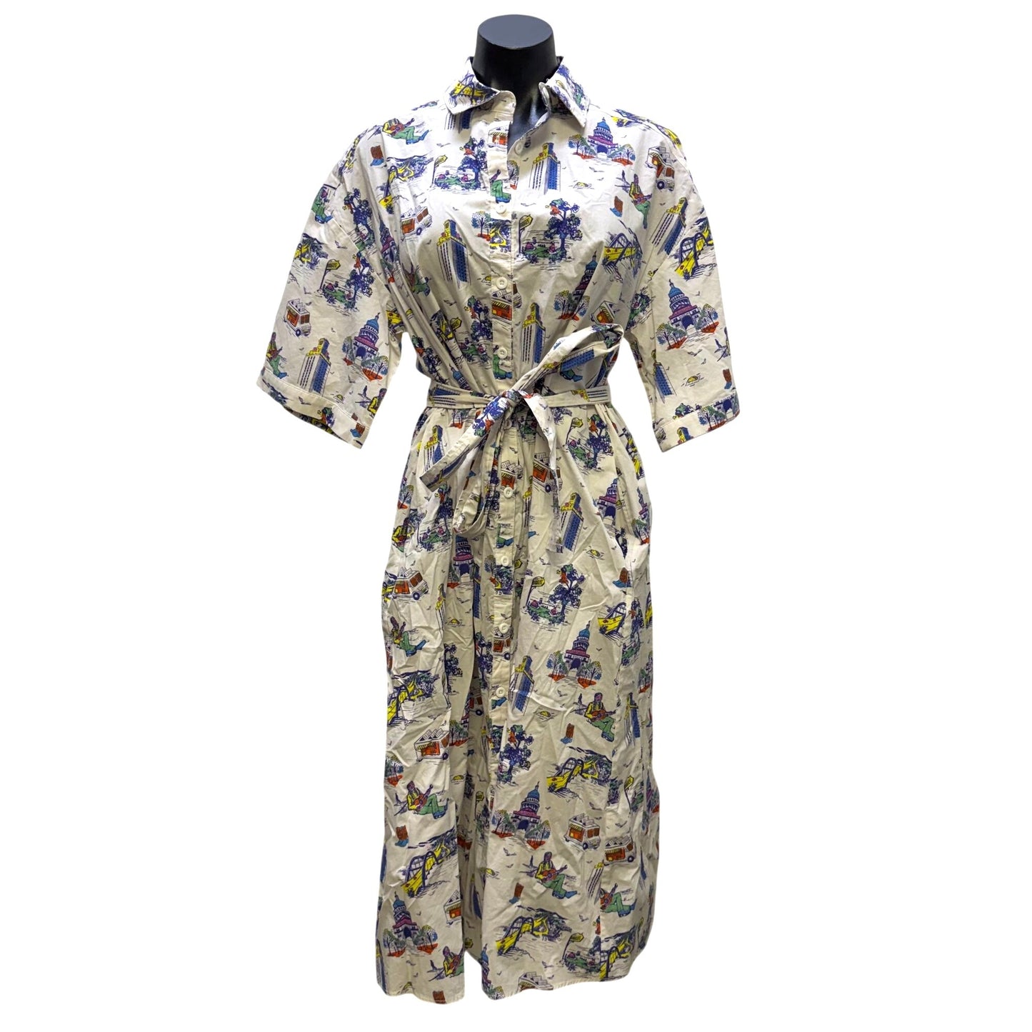 Katie Kime Belted Shirt Dress White Multi Print S