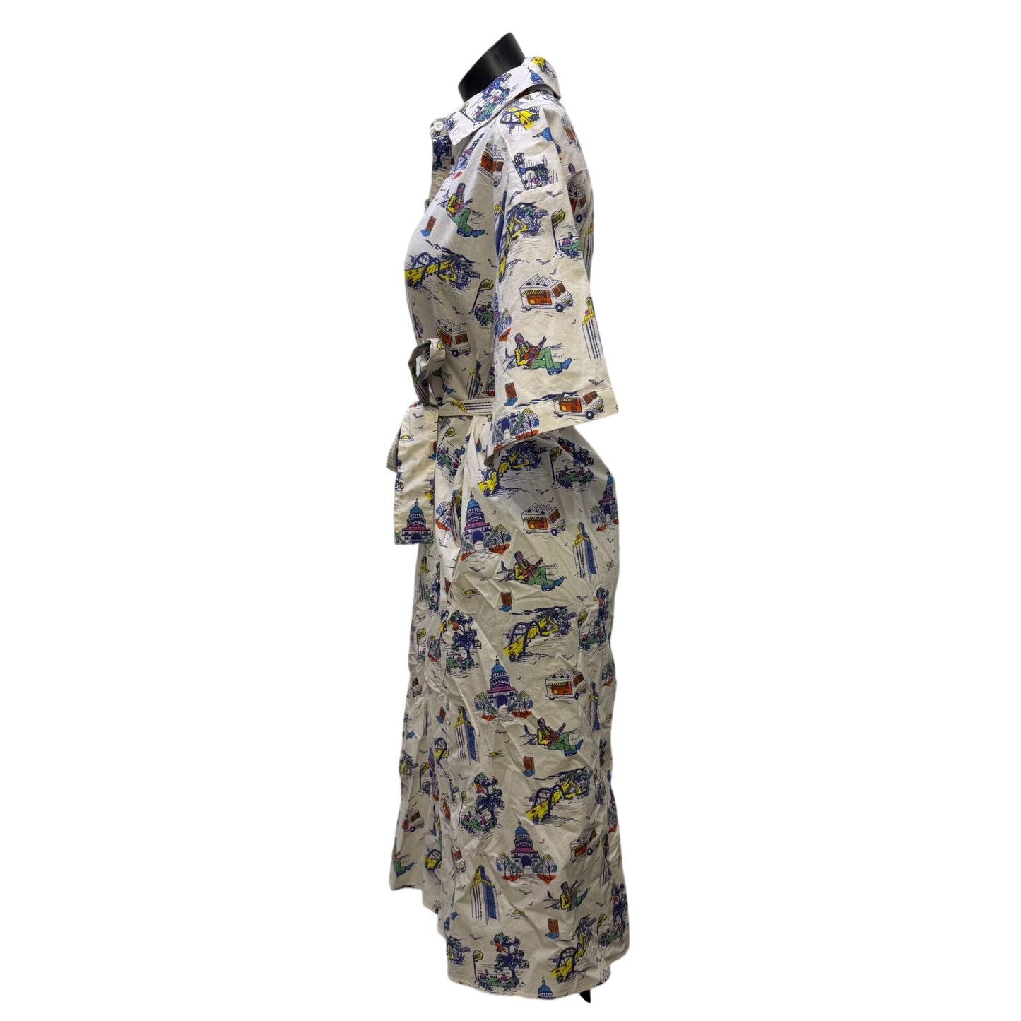 Katie Kime Belted Shirt Dress White Multi Print S