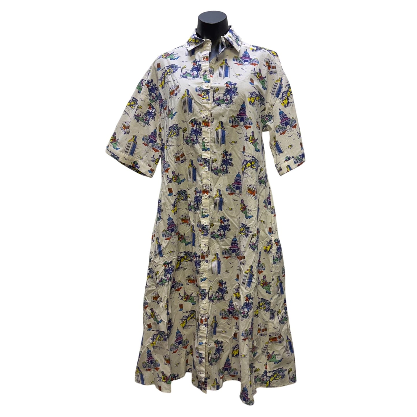 Katie Kime Belted Shirt Dress White Multi Print S