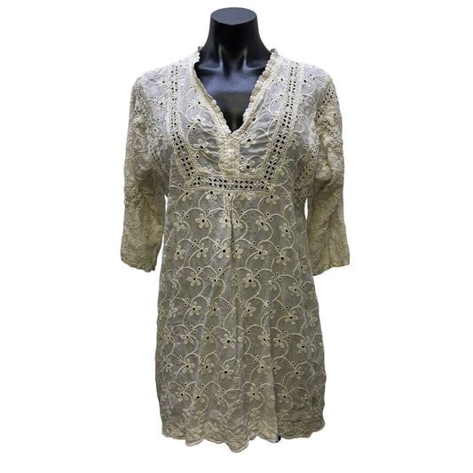 Johnny Was Cream Embroidered Tunic Blouse Floral Lace 3/4 Sleeve S
