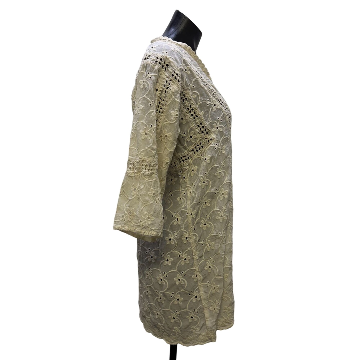Johnny Was Cream Embroidered Tunic Blouse Floral Lace 3/4 Sleeve S