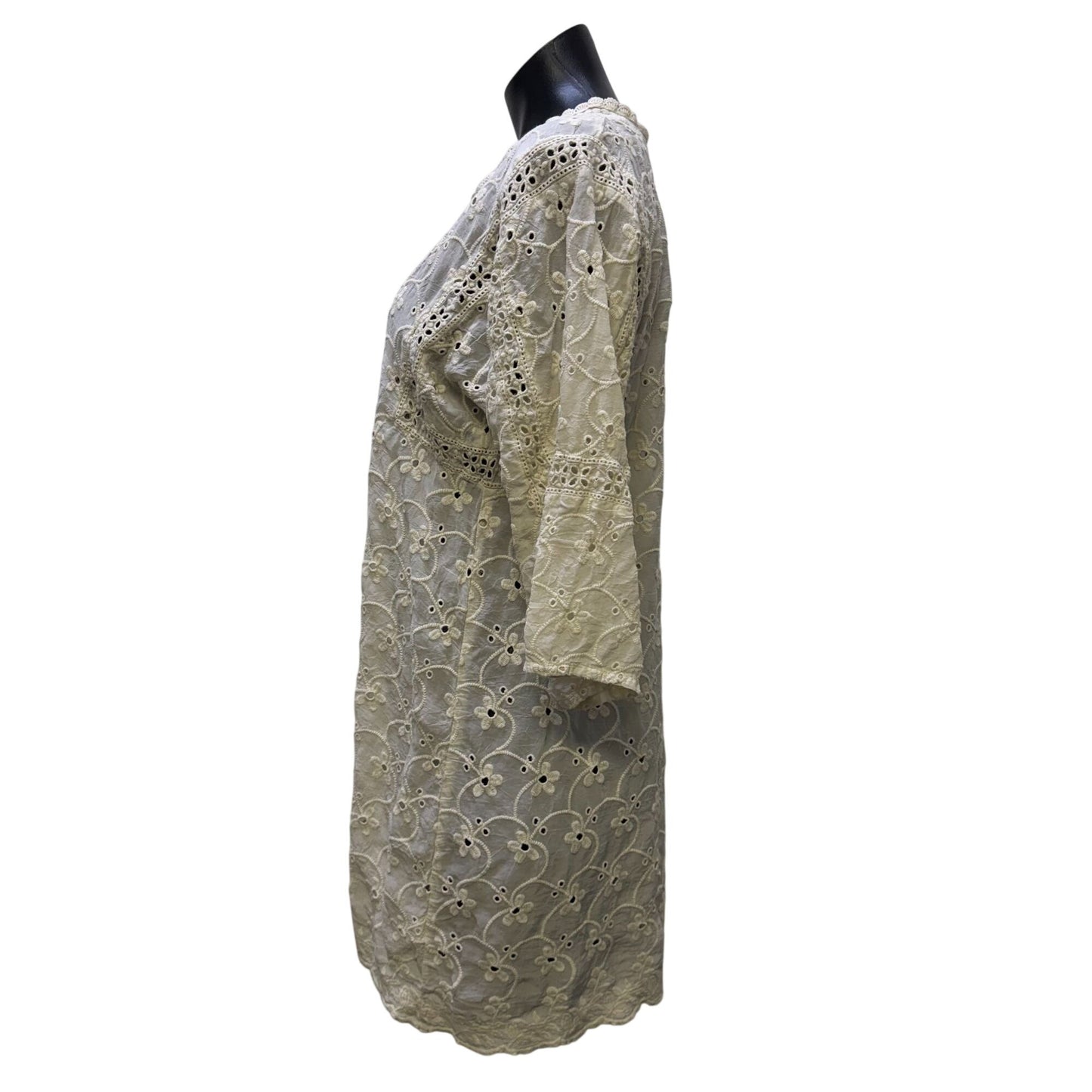 Johnny Was Cream Embroidered Tunic Blouse Floral Lace 3/4 Sleeve S