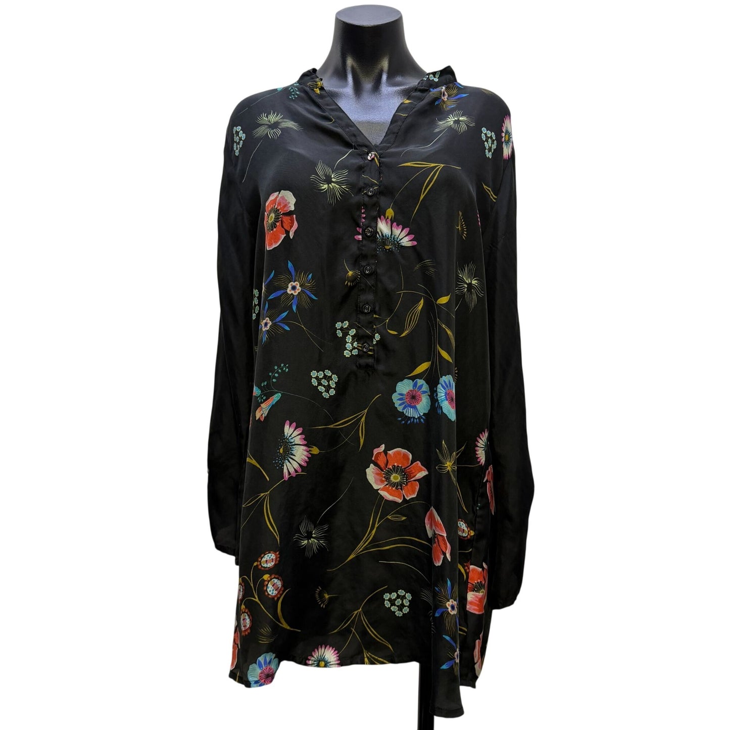 Johnny Was Black Floral Silk Tunic Blouse M