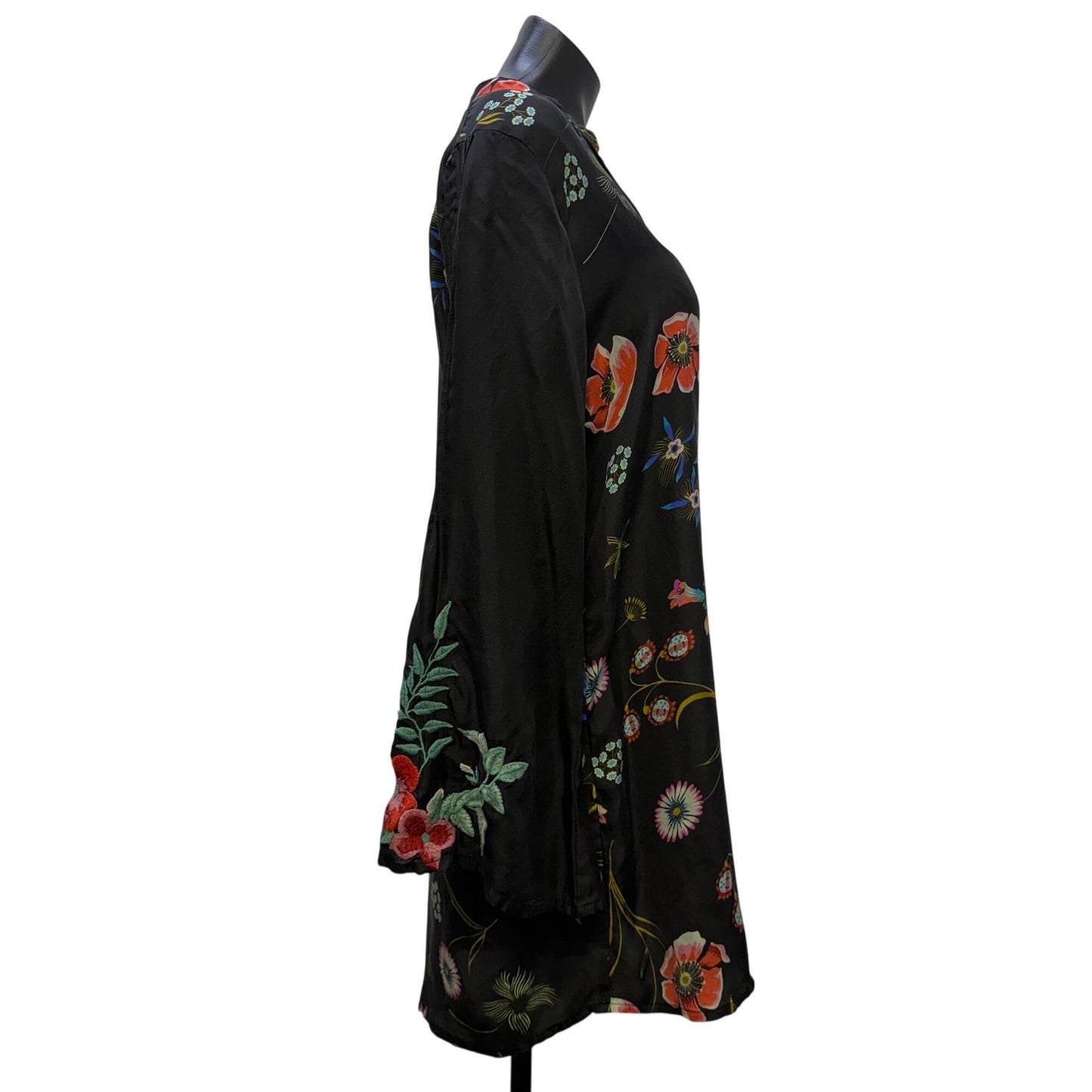 Johnny Was Black Floral Silk Tunic Blouse M
