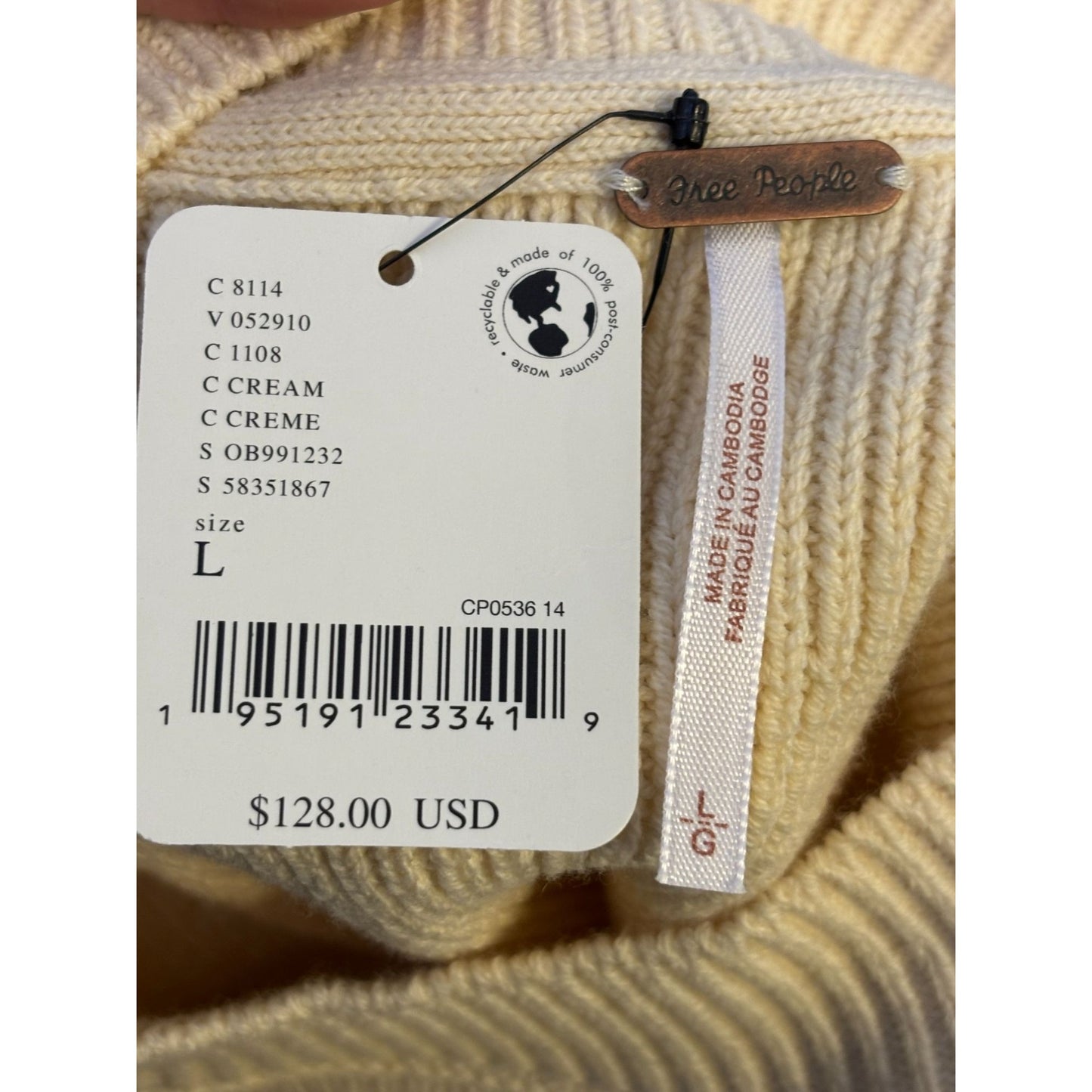 NWT Free People Cream Oversized Pullover Sweater L