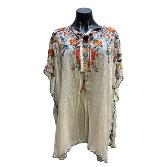 Johnny Was Vintage White Embroidered Floral Blouse w/Tie Neck & Scalloped Edges Size L