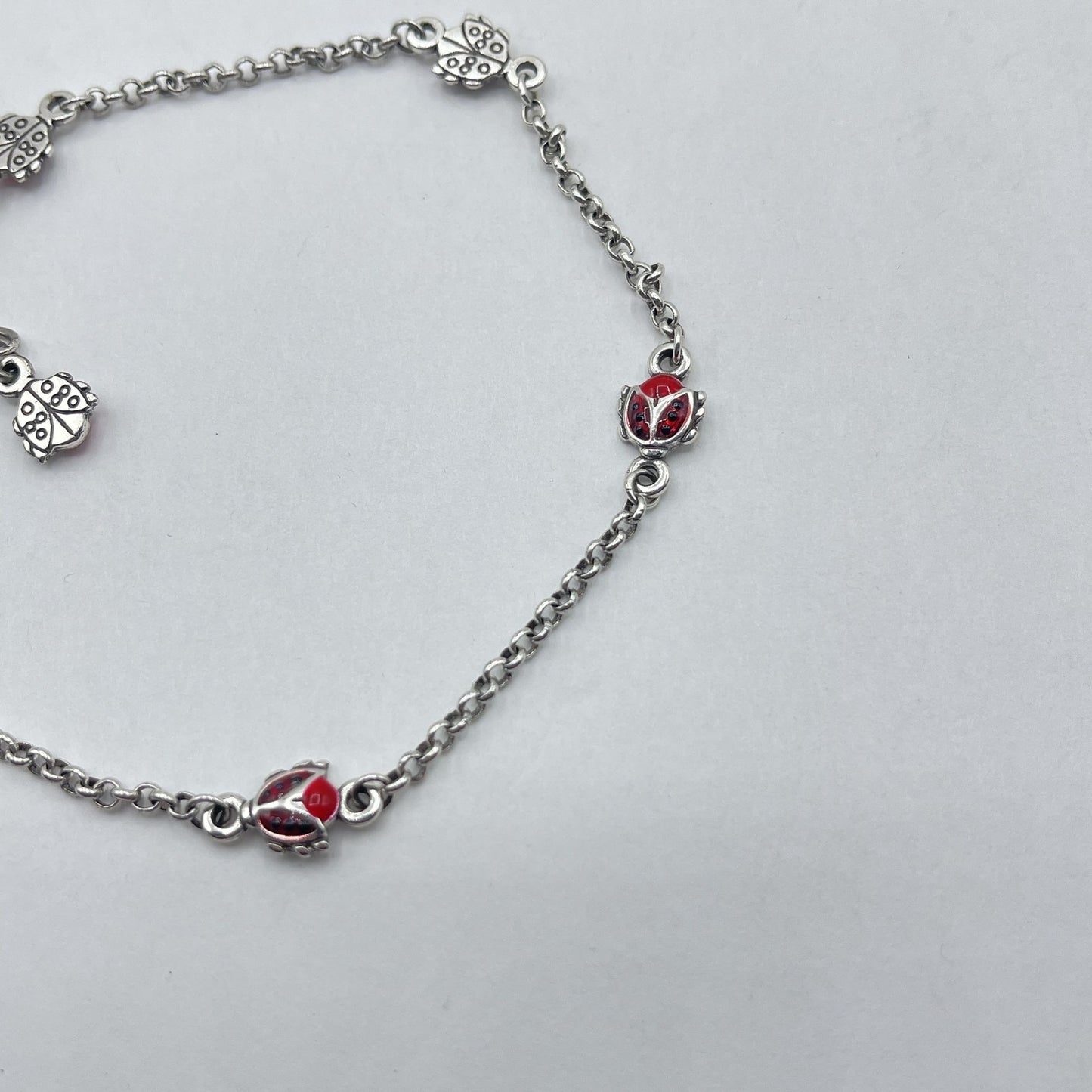 Brighton Silver Red Enamel Ladybug Charm Bracelet 7.5" Length