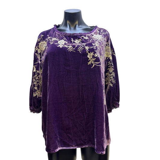 NWT Sundance Velvet Blouse Purple Embroidered Floral Design L