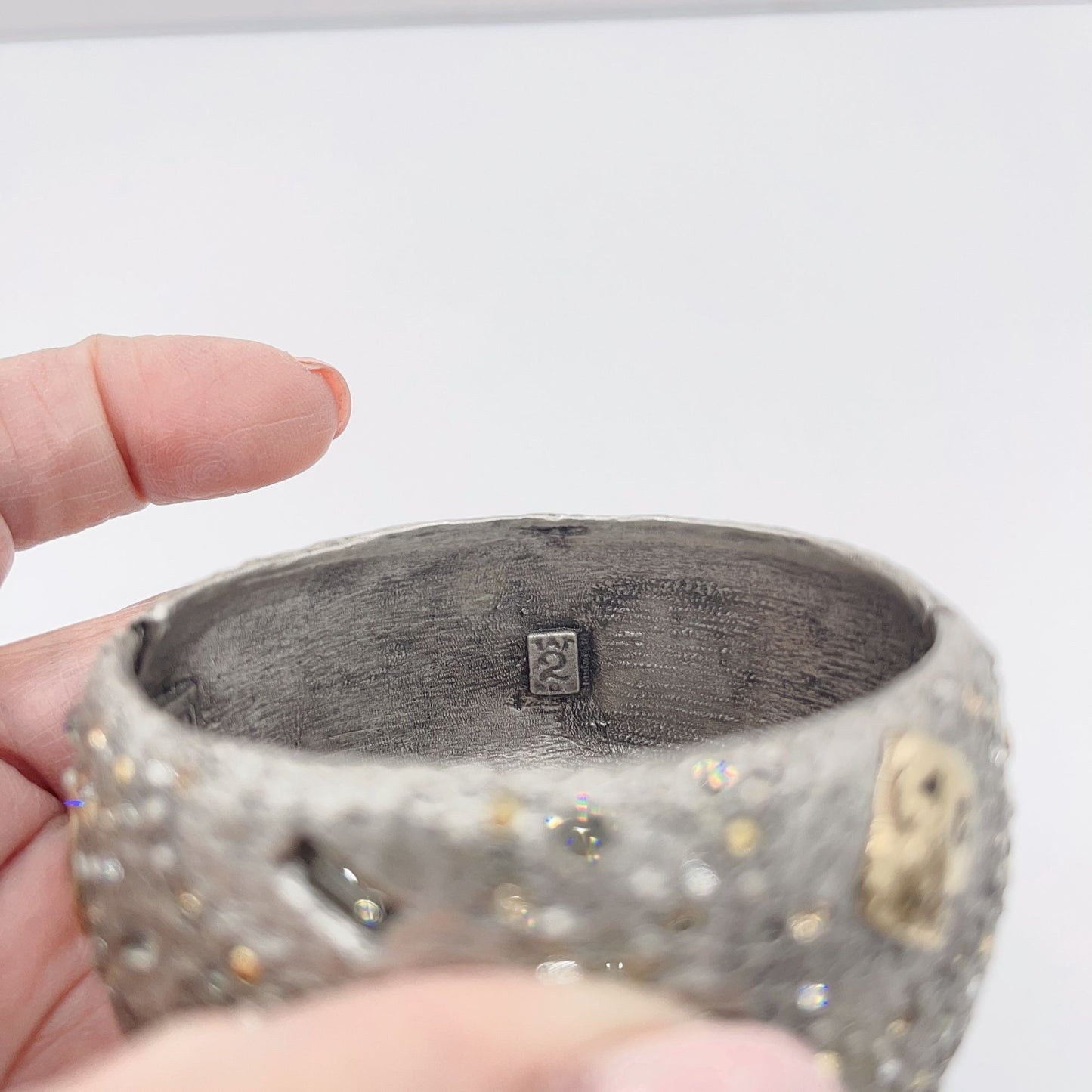 Tat2 Silver Tone Hammered Crystal Rhinestone Cuff Hinged Bangle Bracelet