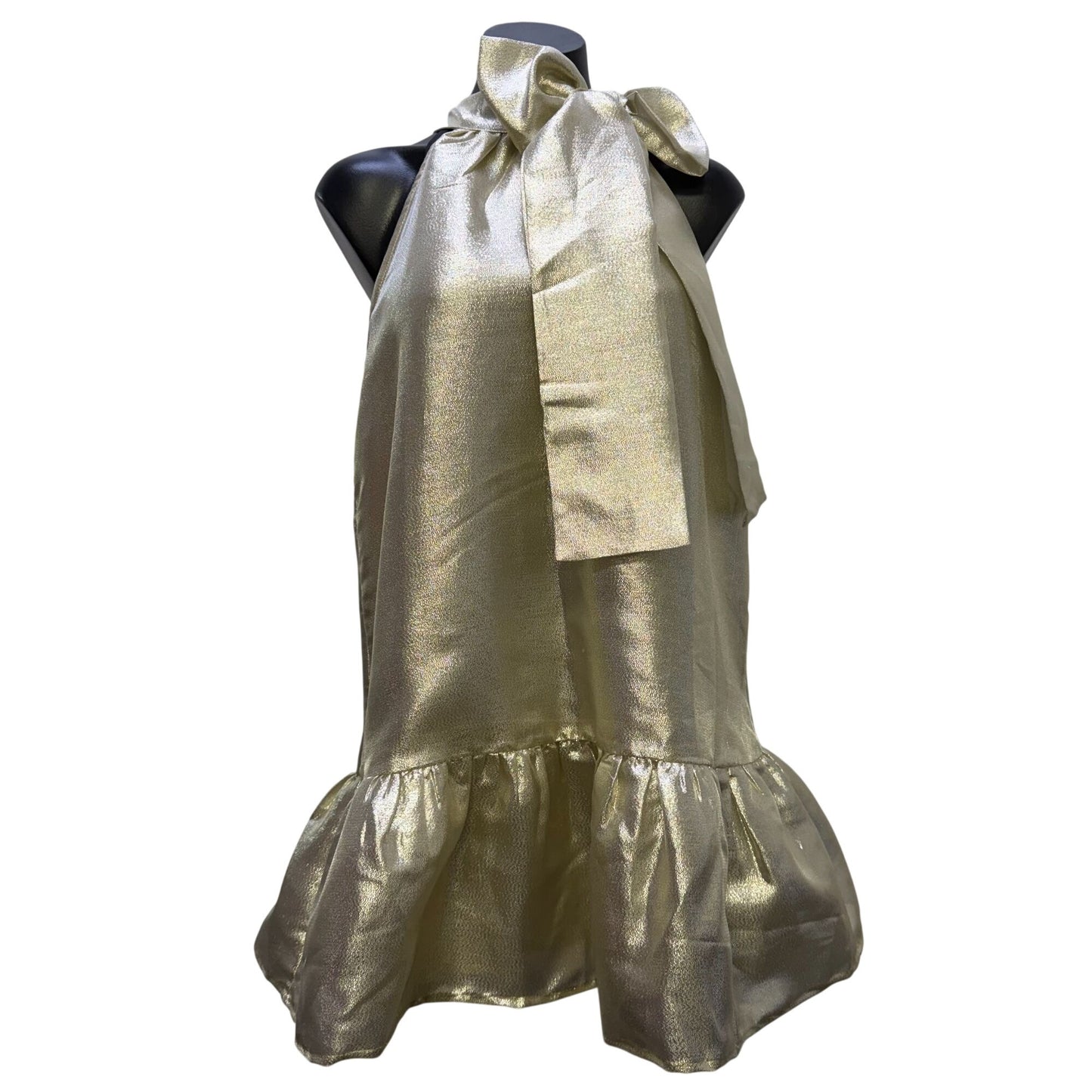 J. Marie Metallic Gold Ruffle Sleeveless Halter Dress With Bow Neck Tie S