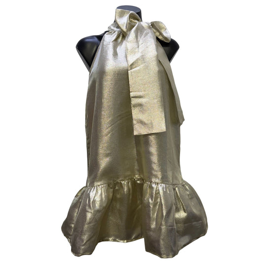 J. Marie Metallic Gold Ruffle Sleeveless Halter Dress With Bow Neck Tie S