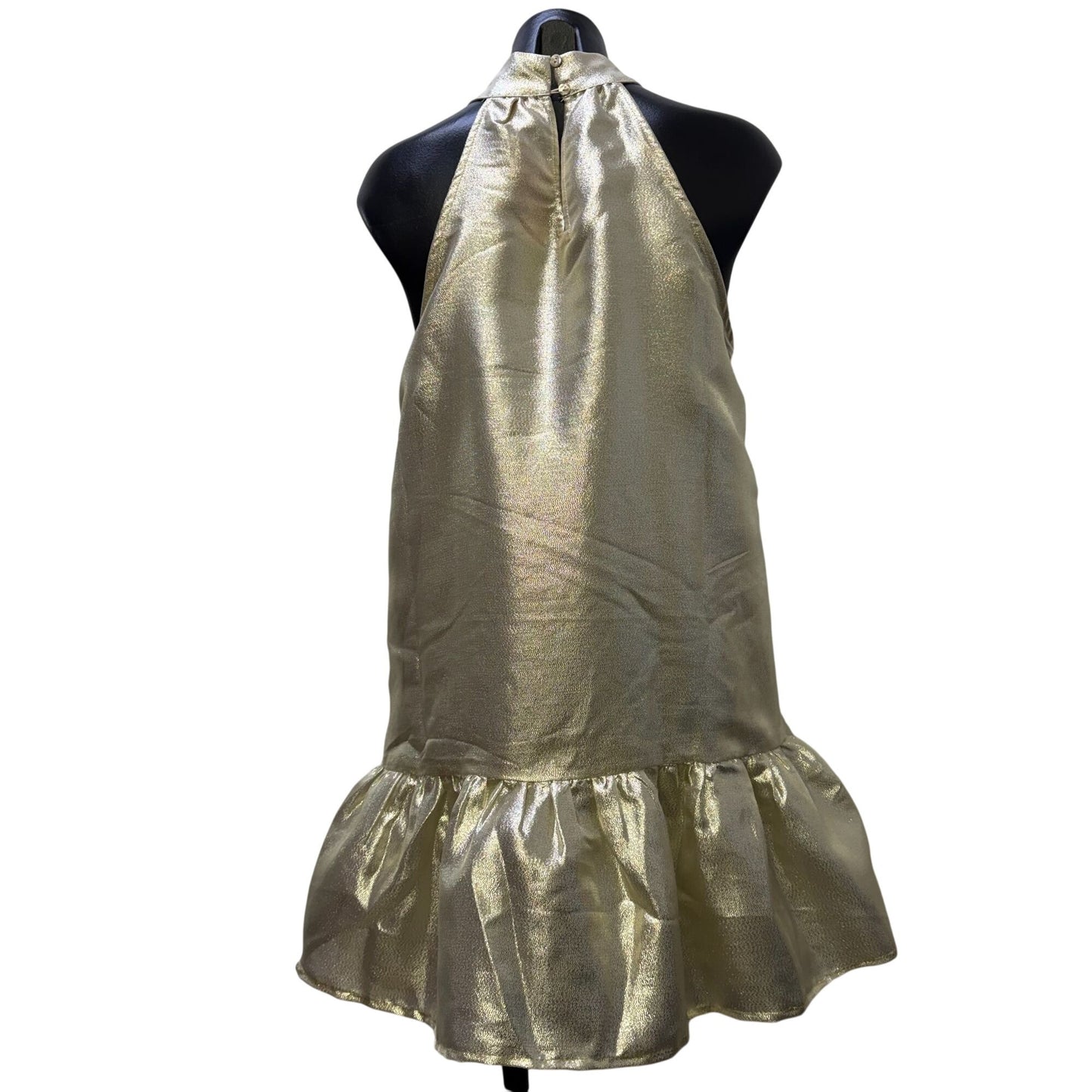 J. Marie Metallic Gold Ruffle Sleeveless Halter Dress With Bow Neck Tie S
