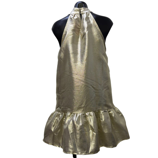 J. Marie Metallic Gold Ruffle Sleeveless Halter Dress With Bow Neck Tie S
