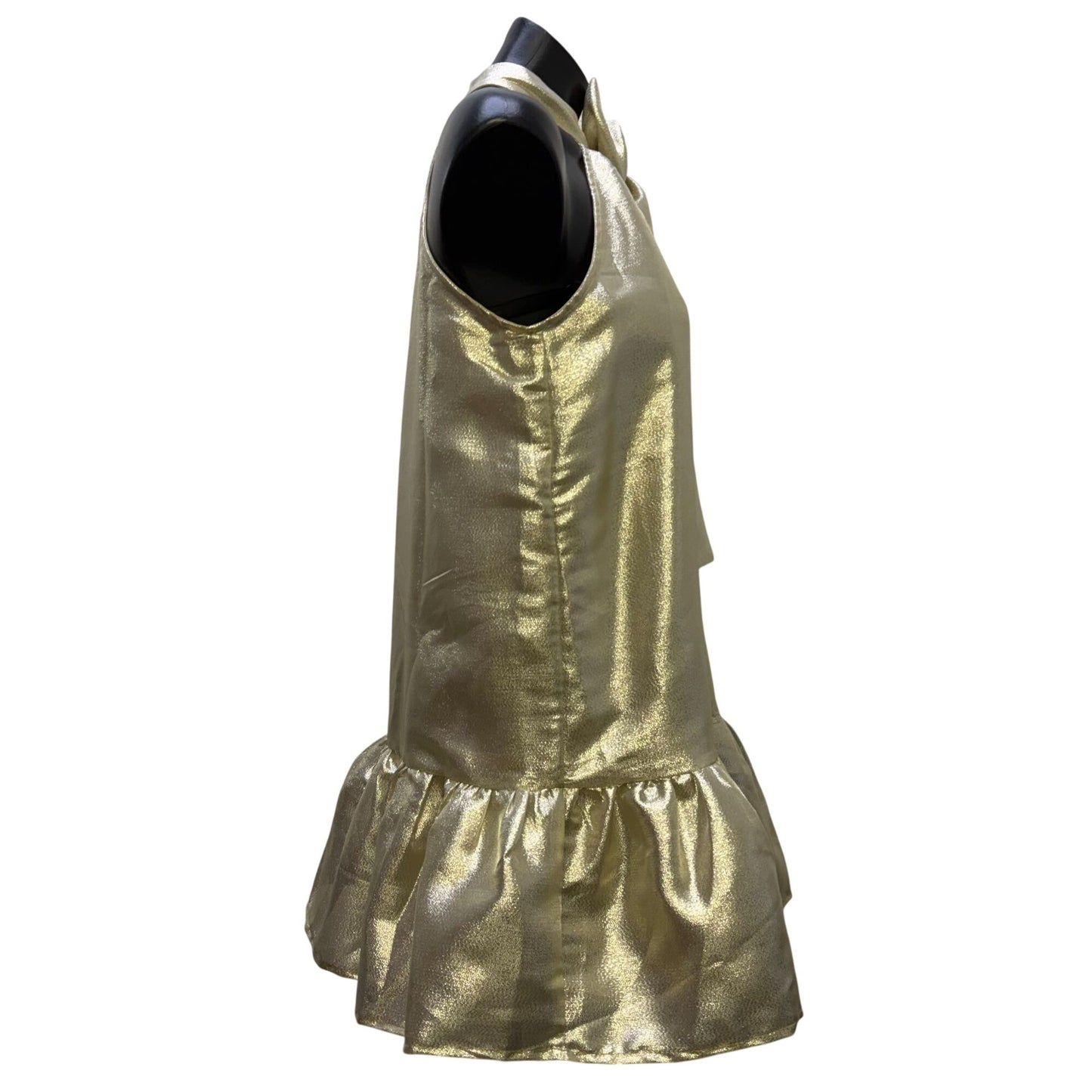 J. Marie Metallic Gold Ruffle Sleeveless Halter Dress With Bow Neck Tie S