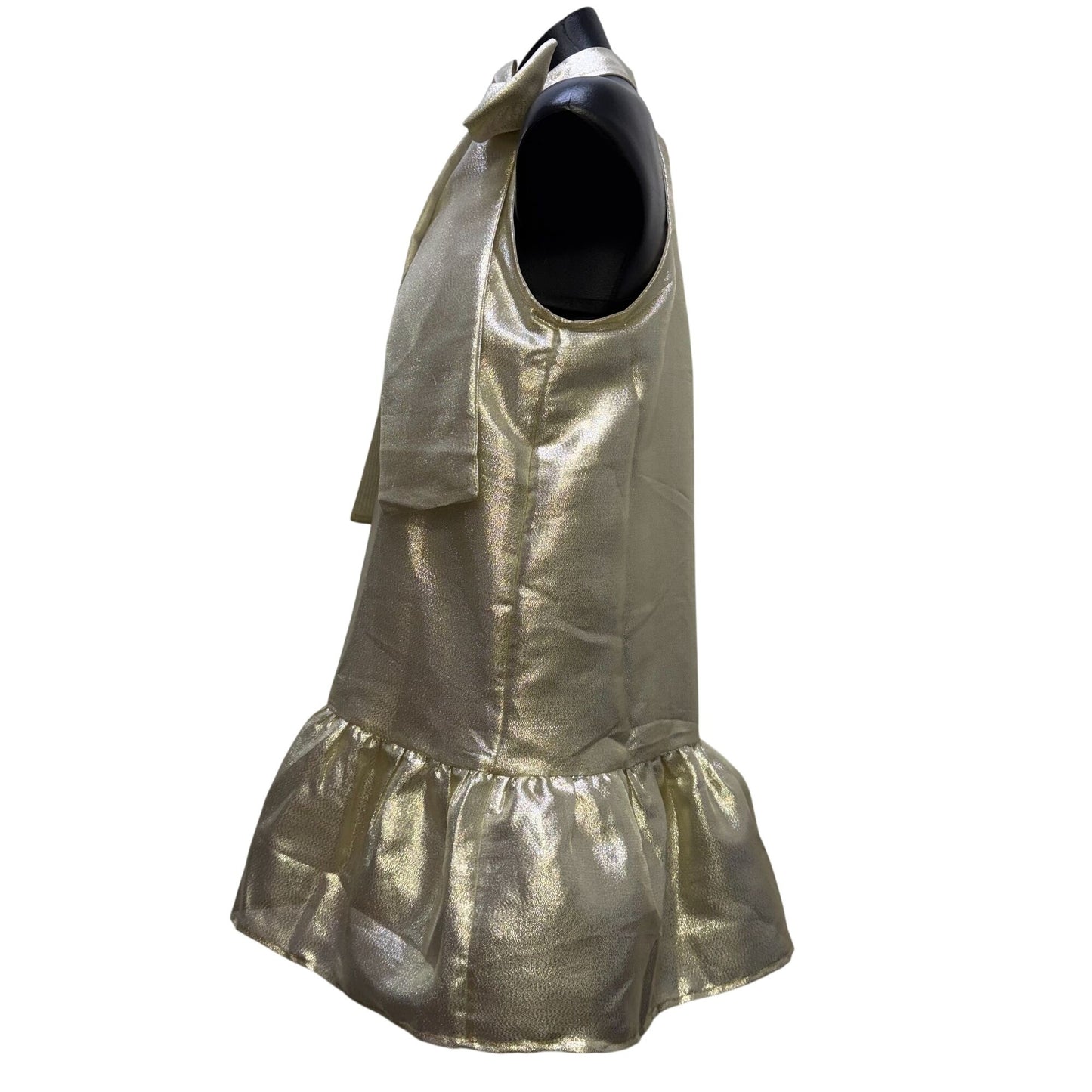 J. Marie Metallic Gold Ruffle Sleeveless Halter Dress With Bow Neck Tie S