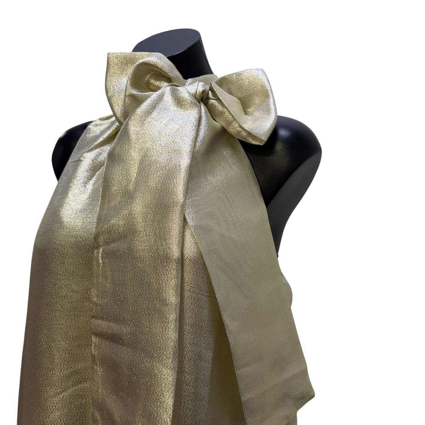 J. Marie Metallic Gold Ruffle Sleeveless Halter Dress With Bow Neck Tie S