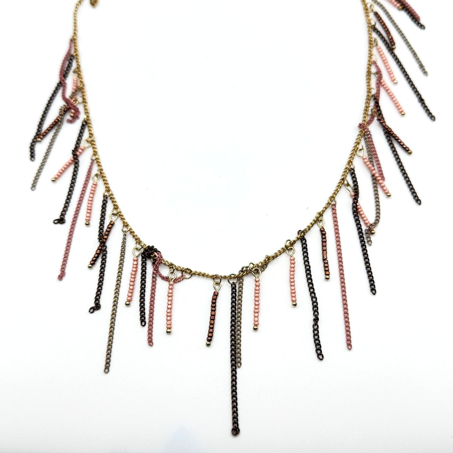 Sweet Lola Dangle Chain Necklace With Pink & Bronze Bead Accents