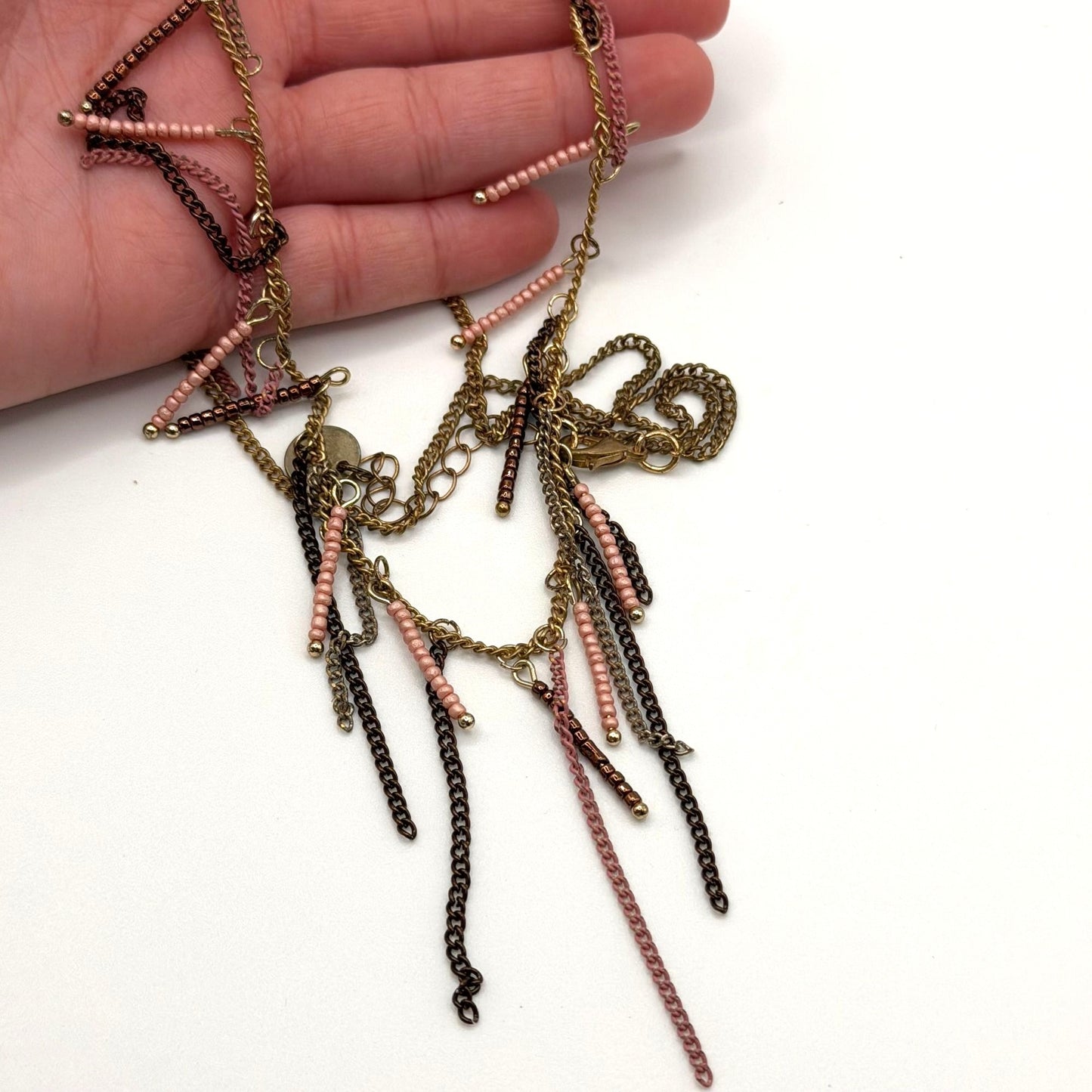 Sweet Lola Dangle Chain Necklace With Pink & Bronze Bead Accents