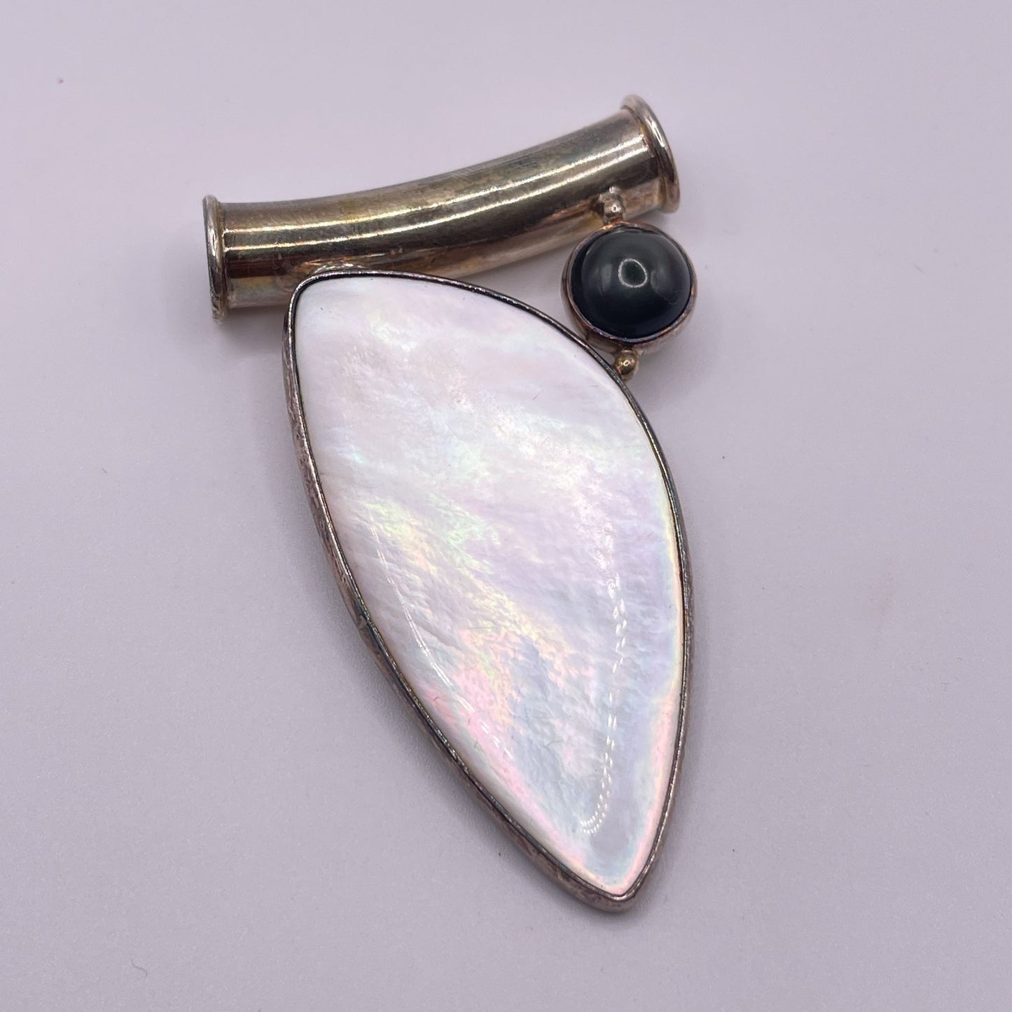 Sterling Silver Mother Of Pearl & Obsidian Pendant Jewelry Piece L