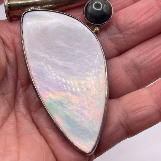 Sterling Silver Mother Of Pearl & Obsidian Pendant Jewelry Piece L