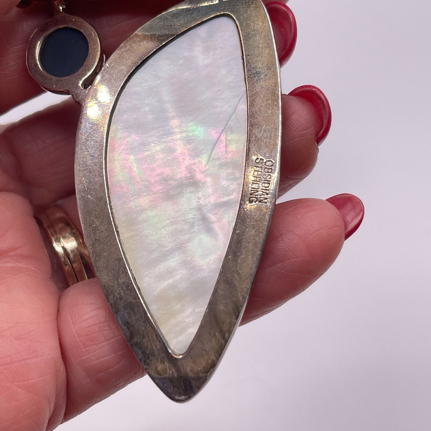 Sterling Silver Mother Of Pearl & Obsidian Pendant Jewelry Piece L