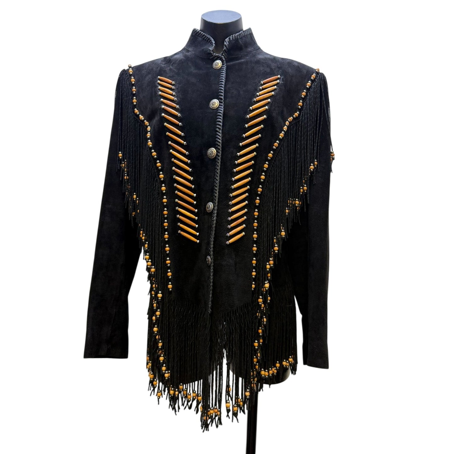 Cripple Creek Western Suede Fringe Jacket Black Beaded Detailed Cowgirl Heather Design With Button XL