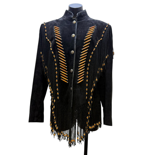 Cripple Creek Western Suede Fringe Jacket Black Beaded Detailed Cowgirl Heather Design With Button XL