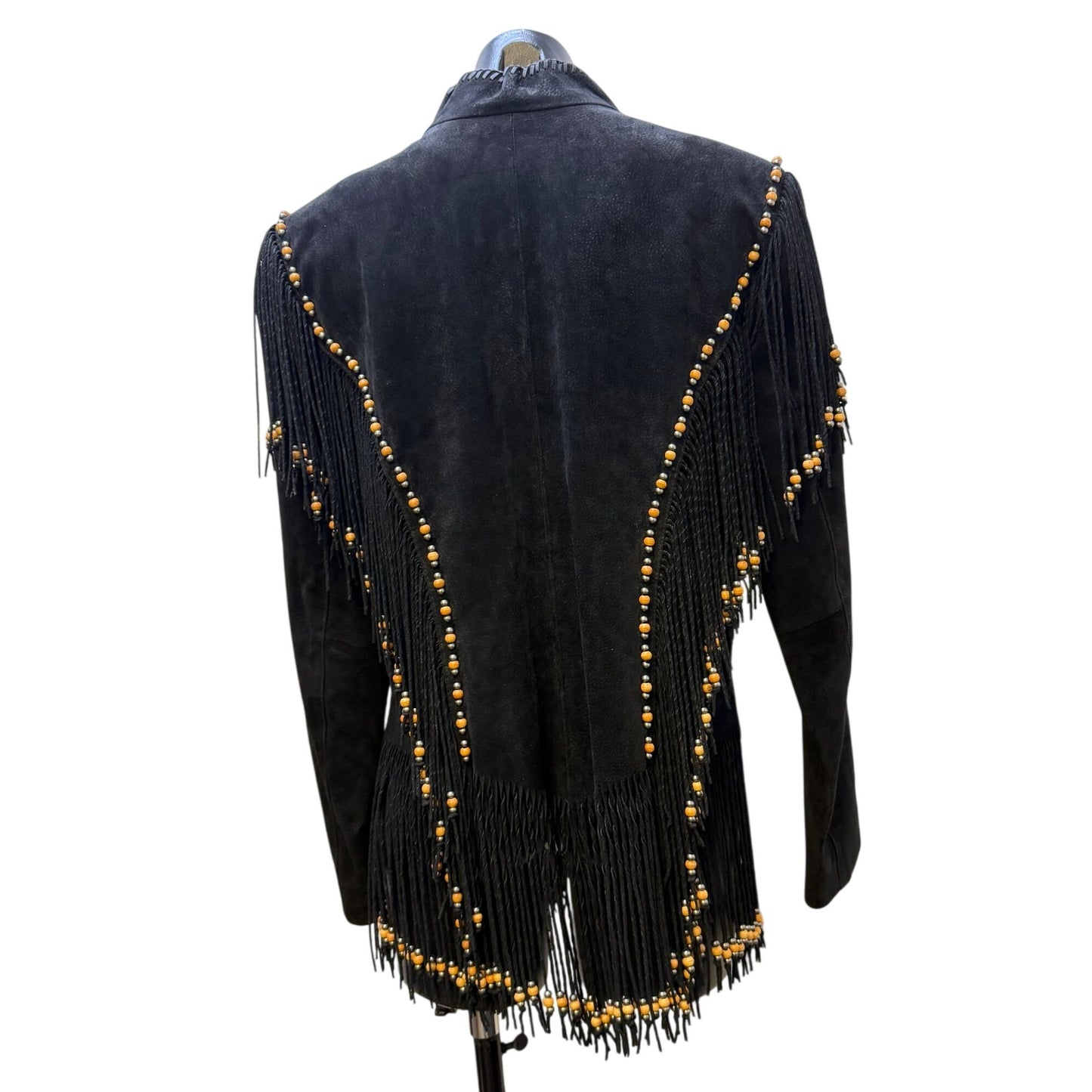 Cripple Creek Western Suede Fringe Jacket Black Beaded Detailed Cowgirl Heather Design With Button XL