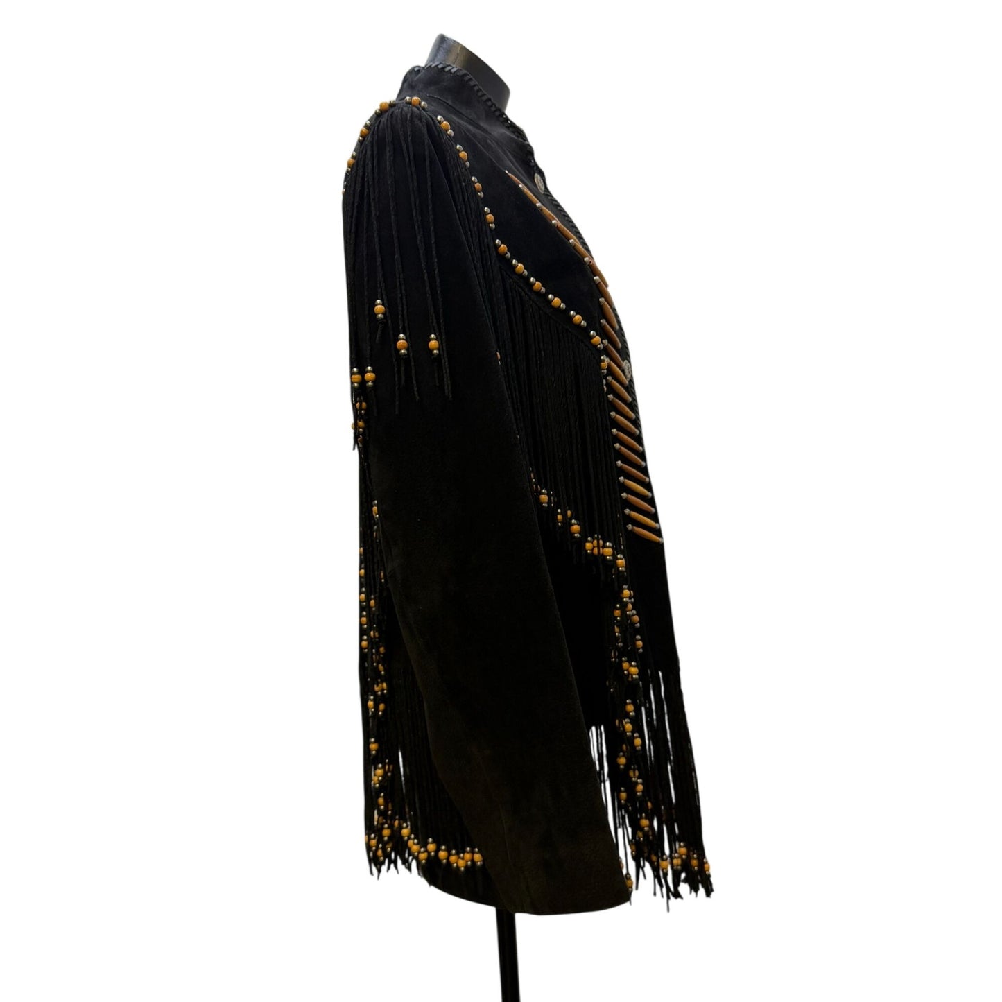 Cripple Creek Western Suede Fringe Jacket Black Beaded Detailed Cowgirl Heather Design With Button XL