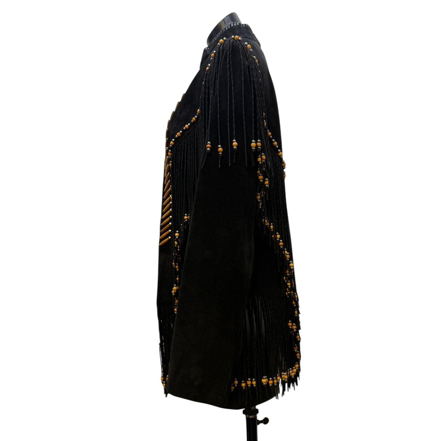 Cripple Creek Western Suede Fringe Jacket Black Beaded Detailed Cowgirl Heather Design With Button XL