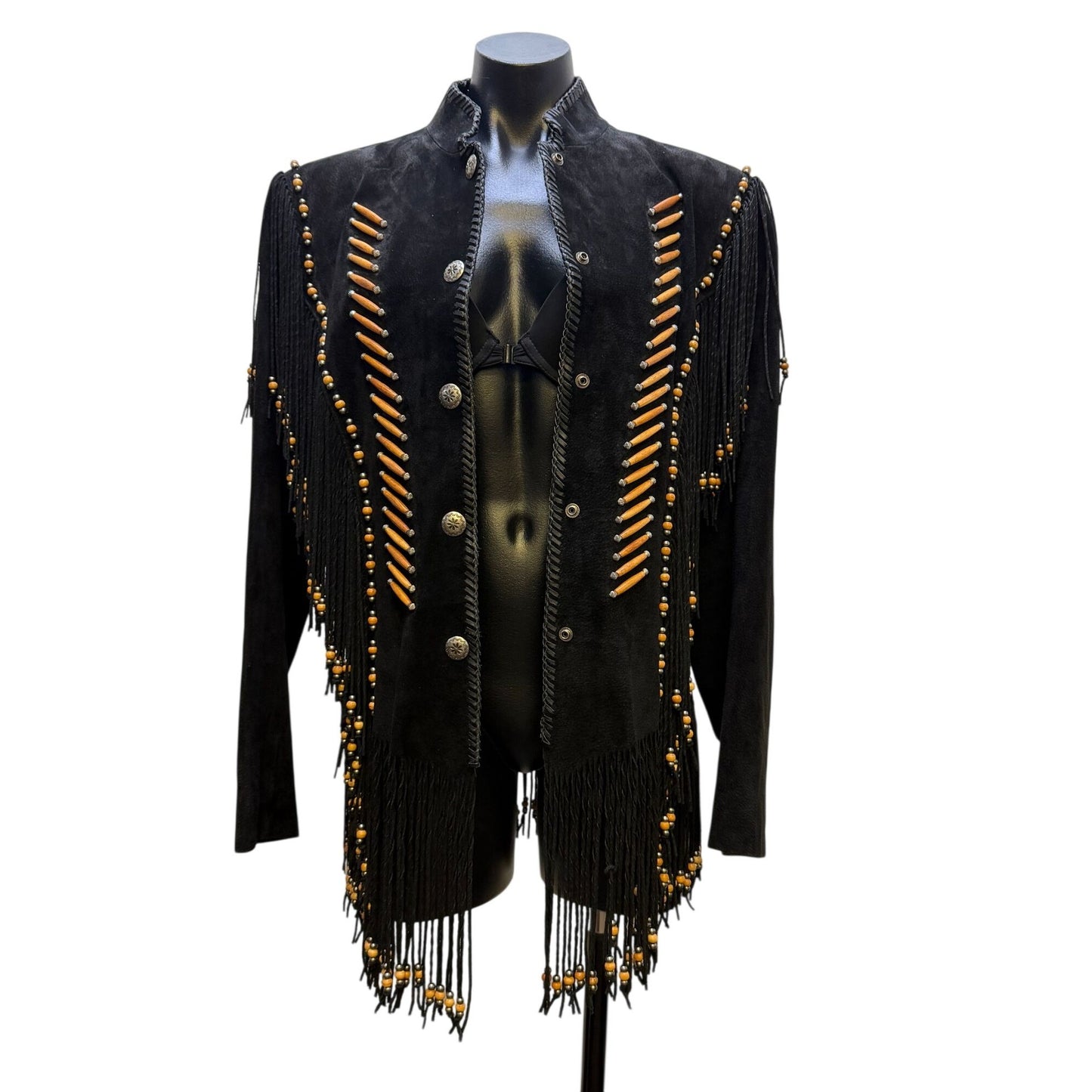 Cripple Creek Western Suede Fringe Jacket Black Beaded Detailed Cowgirl Heather Design With Button XL