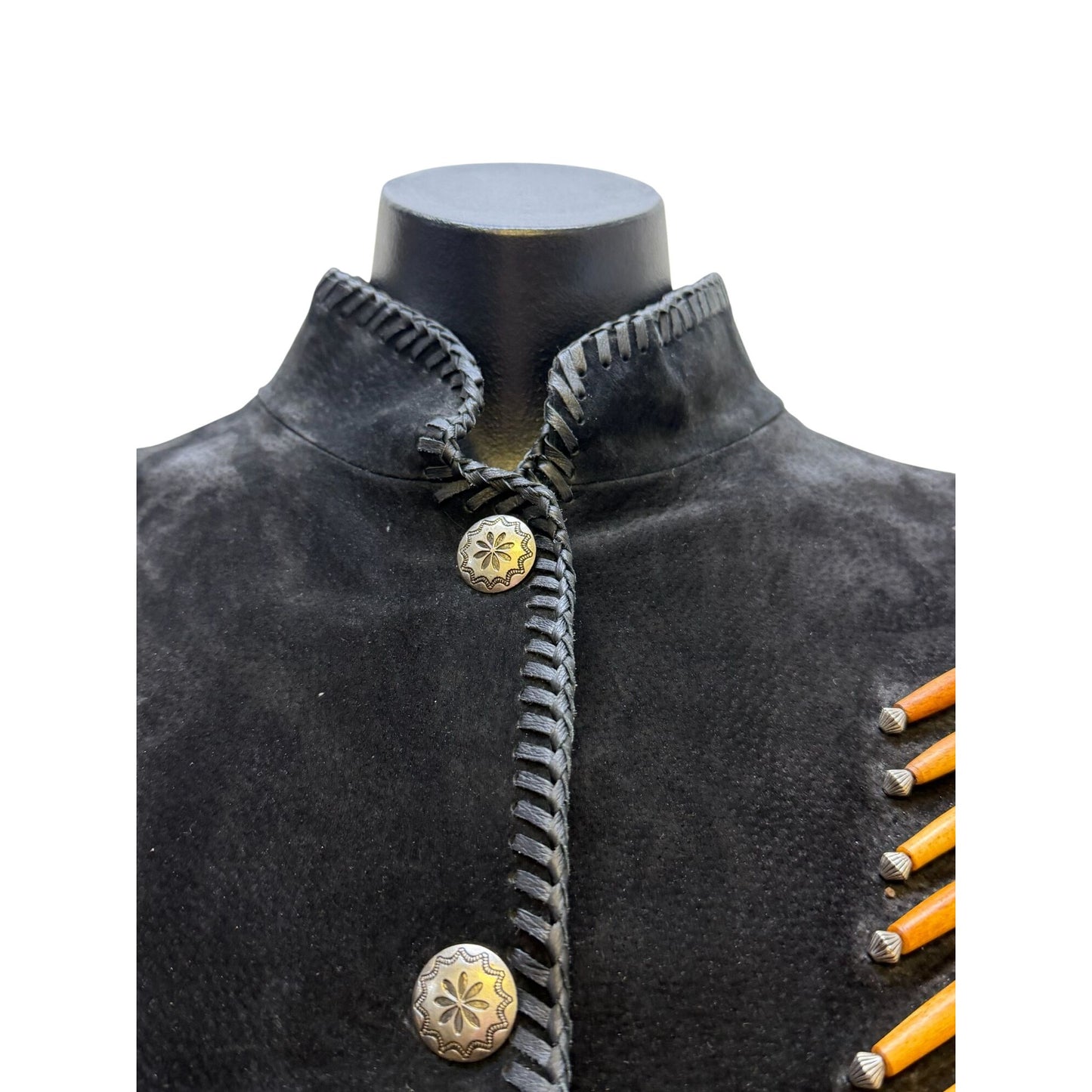 Cripple Creek Western Suede Fringe Jacket Black Beaded Detailed Cowgirl Heather Design With Button XL