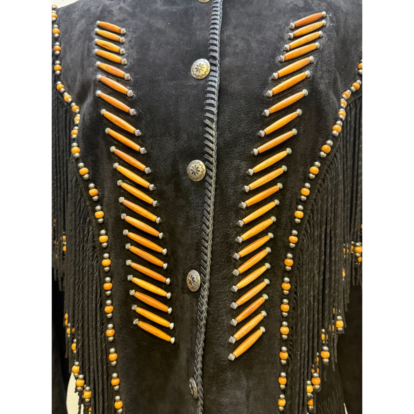 Cripple Creek Western Suede Fringe Jacket Black Beaded Detailed Cowgirl Heather Design With Button XL