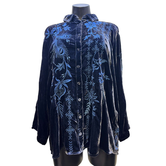 Johnny Was Embroidered Velvet Button-Up Blouse Blue M