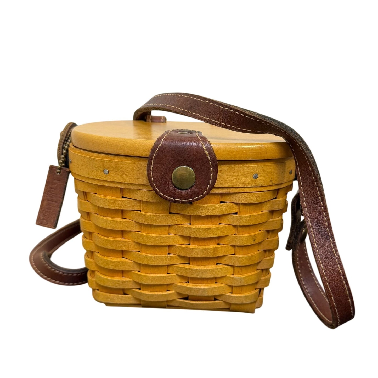 Longaberger Handwoven Basket Crossbody Purse With Leather Strap In Tan & Brown