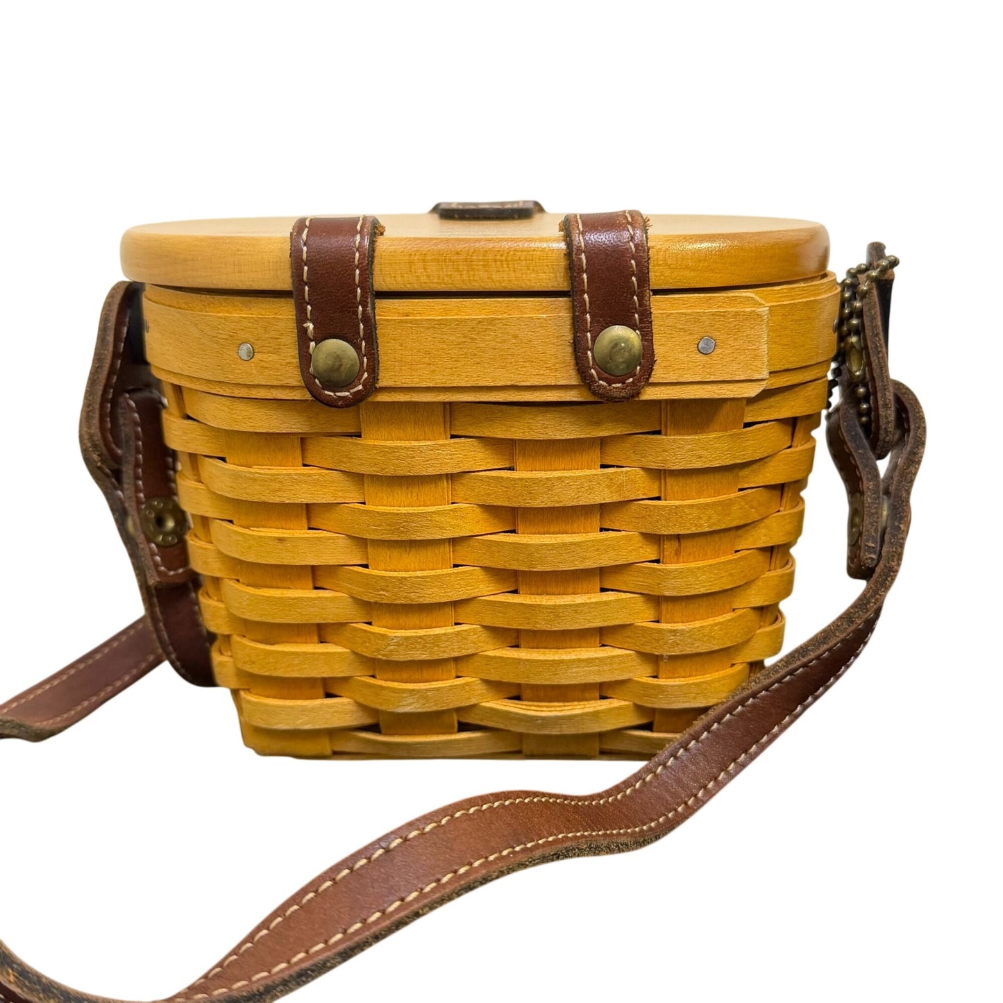 Longaberger Handwoven Basket Crossbody Purse With Leather Strap In Tan & Brown