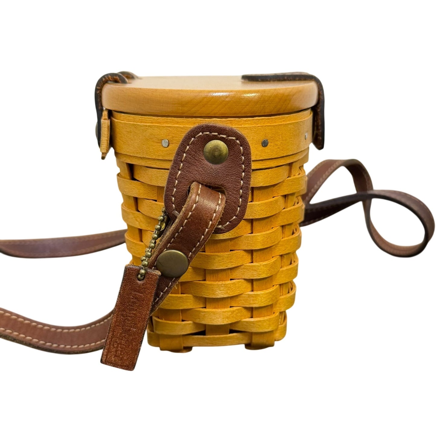 Longaberger Handwoven Basket Crossbody Purse With Leather Strap In Tan & Brown