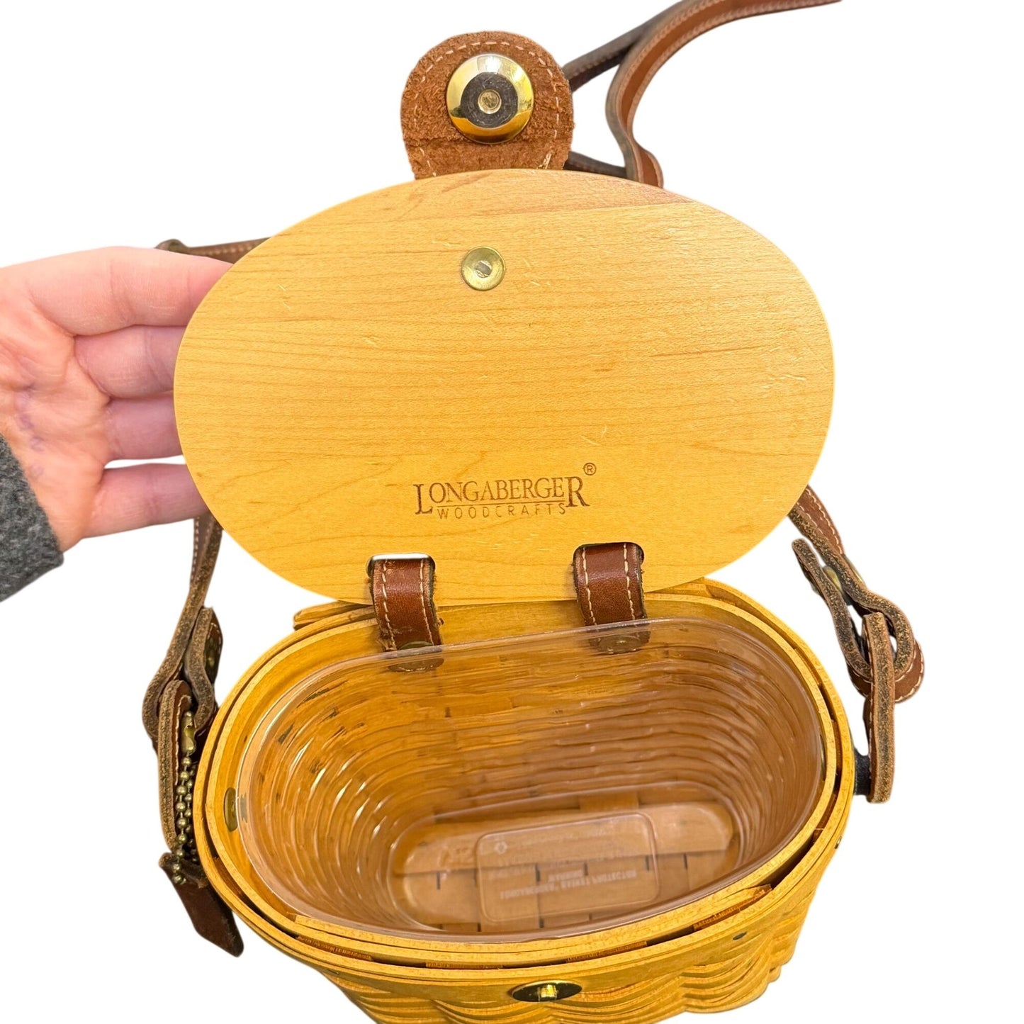 Longaberger Handwoven Basket Crossbody Purse With Leather Strap In Tan & Brown