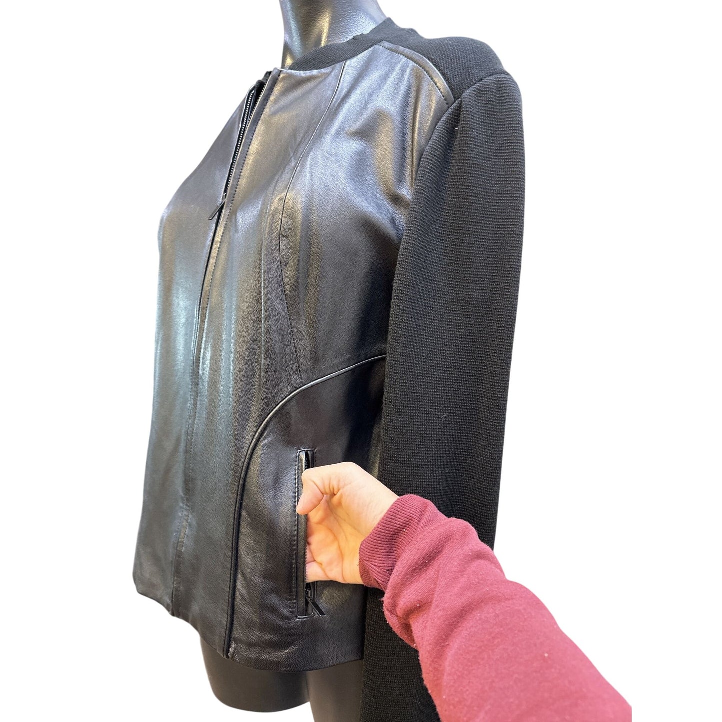 Classiques Entier Womens Black Faux Leather Knit Jacket Zip Pockets Size M