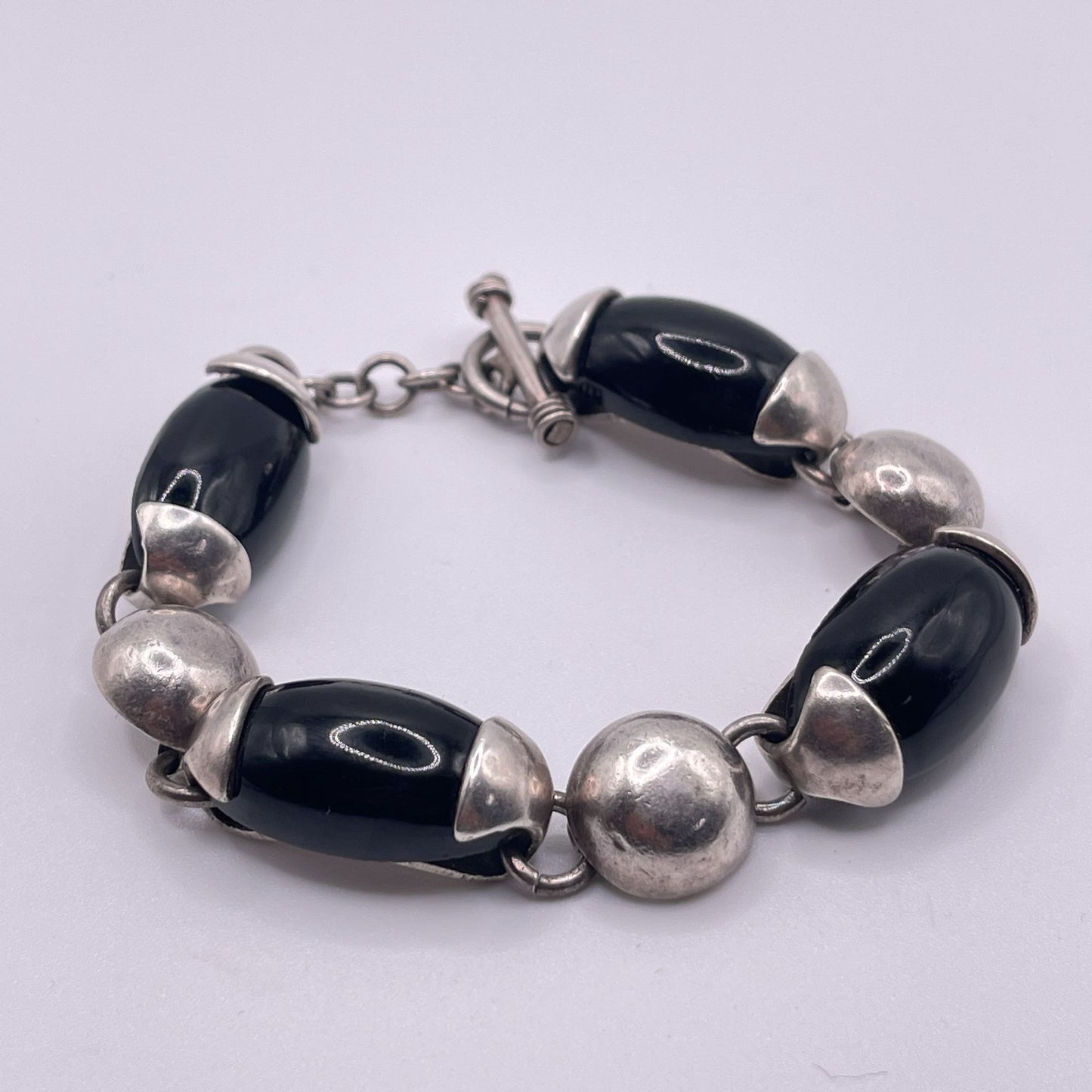 Chunky Sterling Silver 925 Black Onyx Bead Bracelet Toggle Clasp