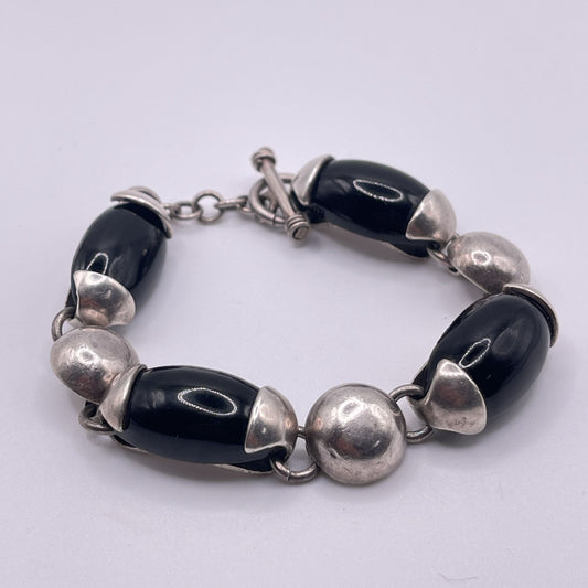Chunky Sterling Silver 925 Black Onyx Bead Bracelet Toggle Clasp